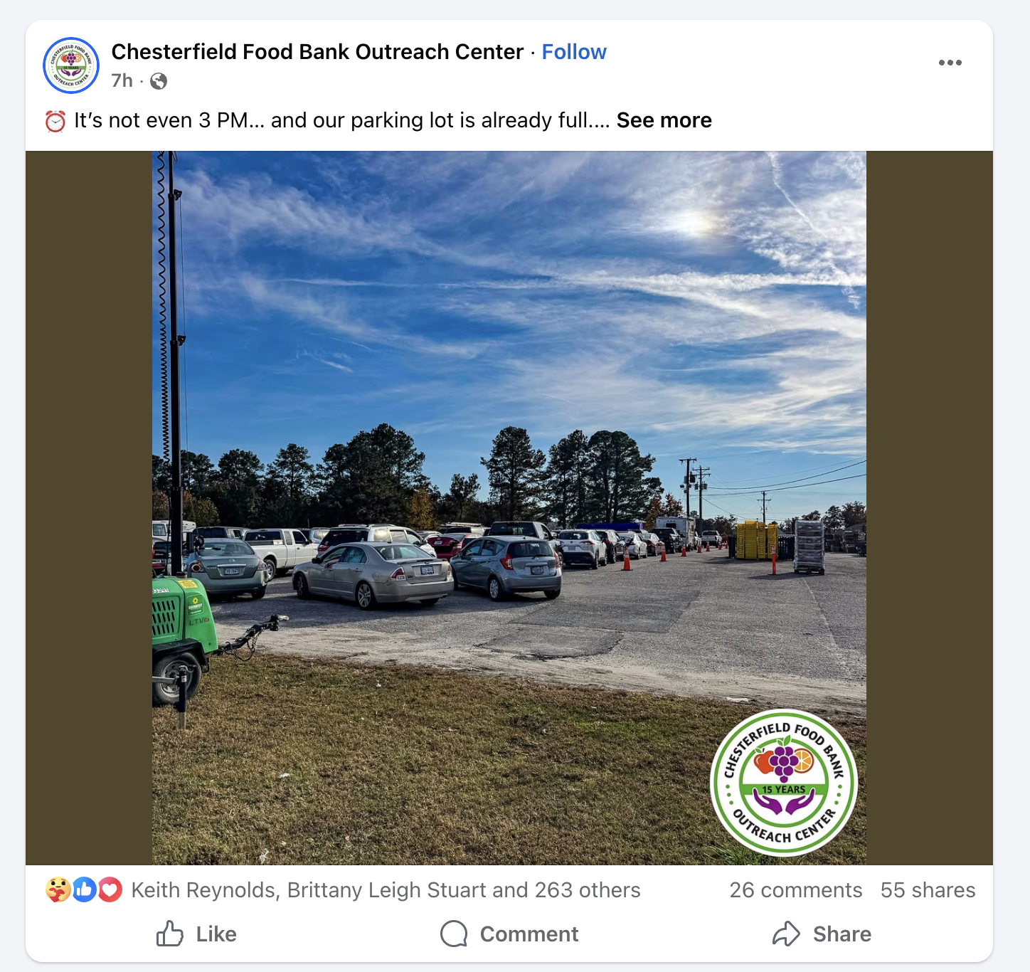 Chesterfield Food Bank Outreach Center - Facebook post showing lines of cars